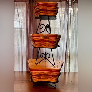 Set of 3 Longaberger Shining Star Baskets, Plastic & Cloth Liners, Lids, Stands